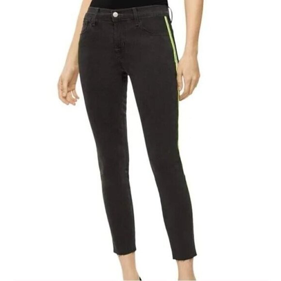 J Brand Jeans Womens 28 Mid Rise Neon Racing Stripe Crop Black Skinny Boho - Picture 1 of 10